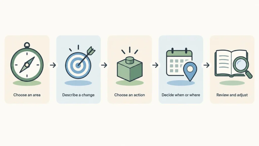 Five connected illustrated steps show how to choose a focus, define a change, take a small action, plan when or where to try it, and review the result.